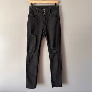 Heart & Lovely Jeans 3-Button Fly‎ High Rise Skinny Jeans with Raw Hem | Black